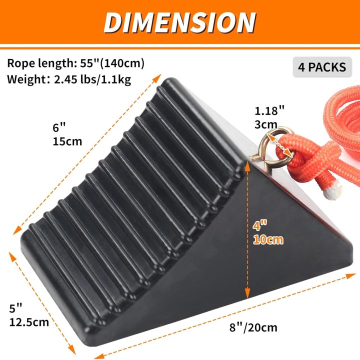 Heavy Duty Rubber Wheel Chocks with Connecting Rope (4-Pack) – Professional Grade Non-Slip Tire Stop Blocks for Trailers, RVs, Campers, and Cars