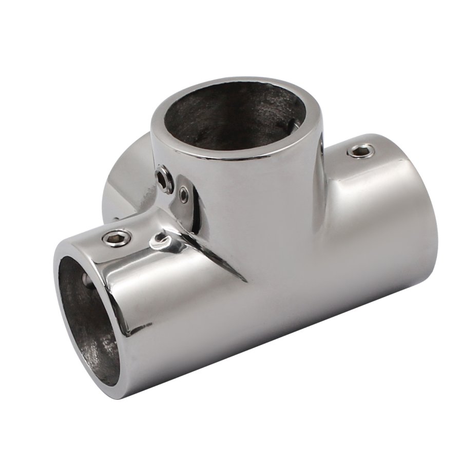 Four way stainless steel connector for handrail systems