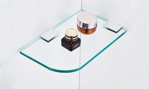 Venta caliente slatwall estantes de vidrio templado estante de vidrio transparente cuarto de baño estante de la esquina de vidrio con bordes pulidos