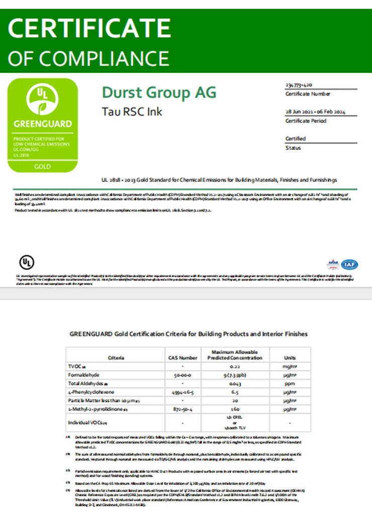 Tau RSC Ink GREENGUARD Gold Certification