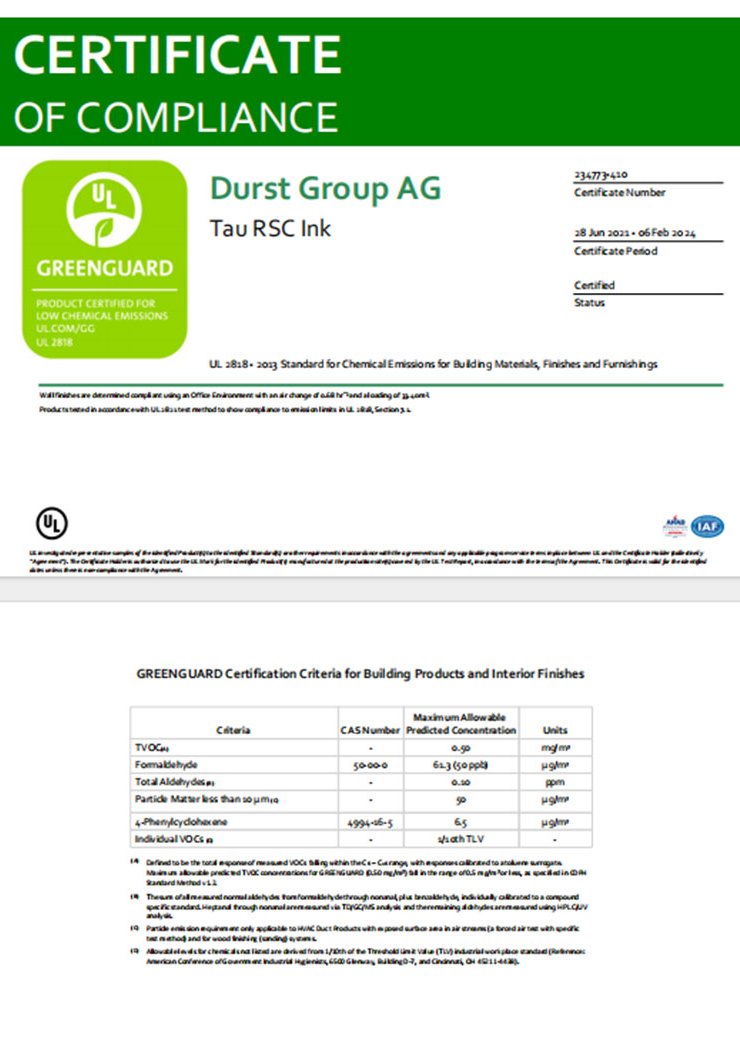 Tau RSC Ink GREENGUARD Certification