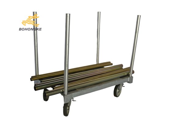 Industrial transport trolley with steel frame and wheels